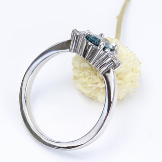 Custom Ennys Teal Sapphire & Diamond Cluster Platinum Engagement Ring