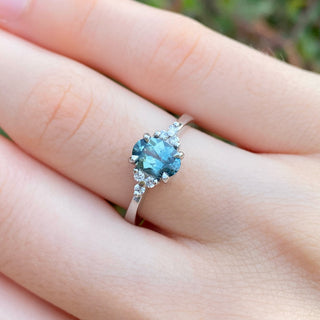 Custom Ennys Teal Sapphire & Diamond Cluster Platinum Engagement Ring