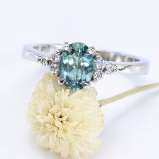 Custom Ennys Teal Sapphire & Diamond Cluster Platinum Engagement Ring