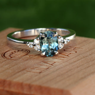 Custom Ennys Teal Sapphire & Diamond Cluster Platinum Engagement Ring