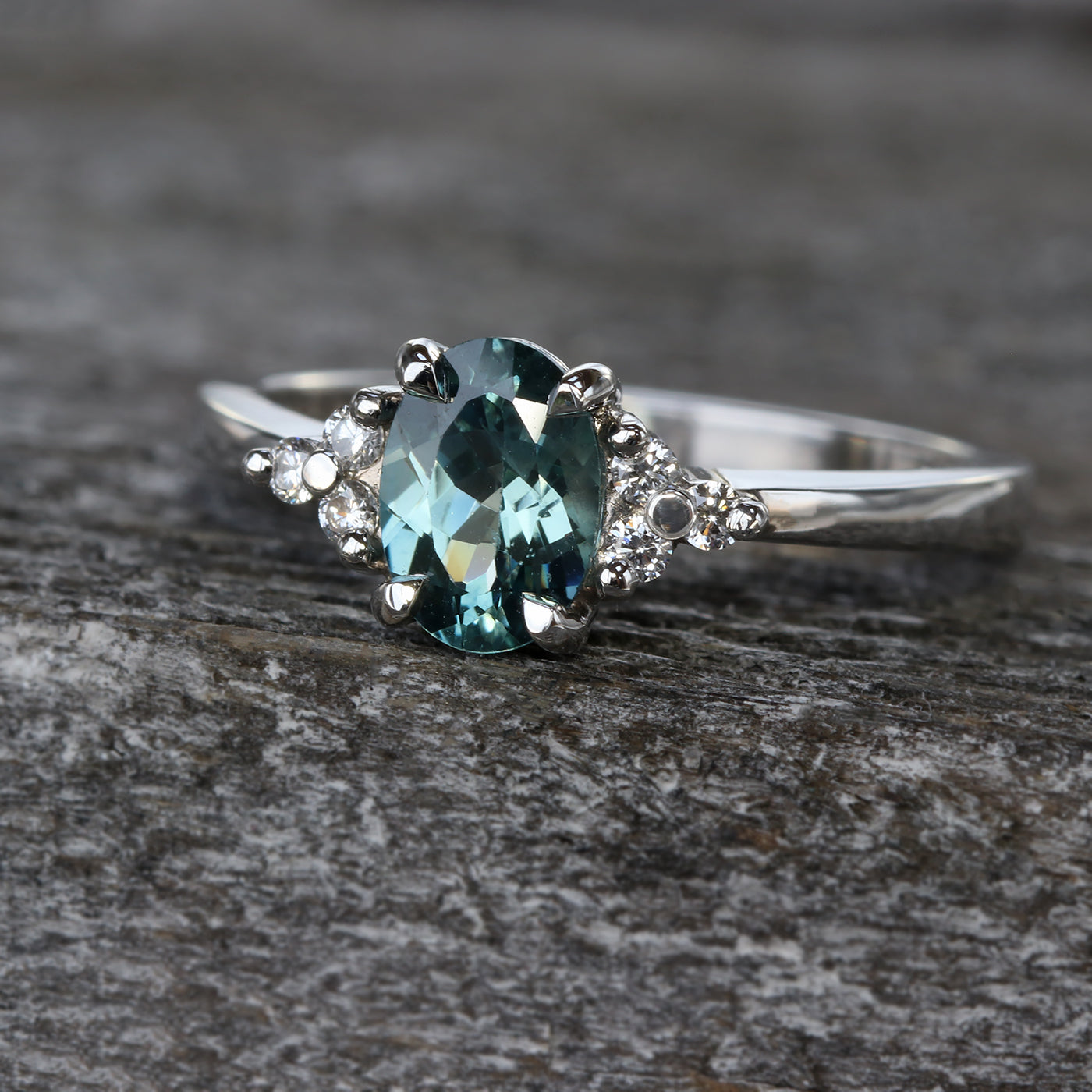 Teal Sapphire & Diamond Cluster Platinum Engagement Ring (Size L, Resize J – N)