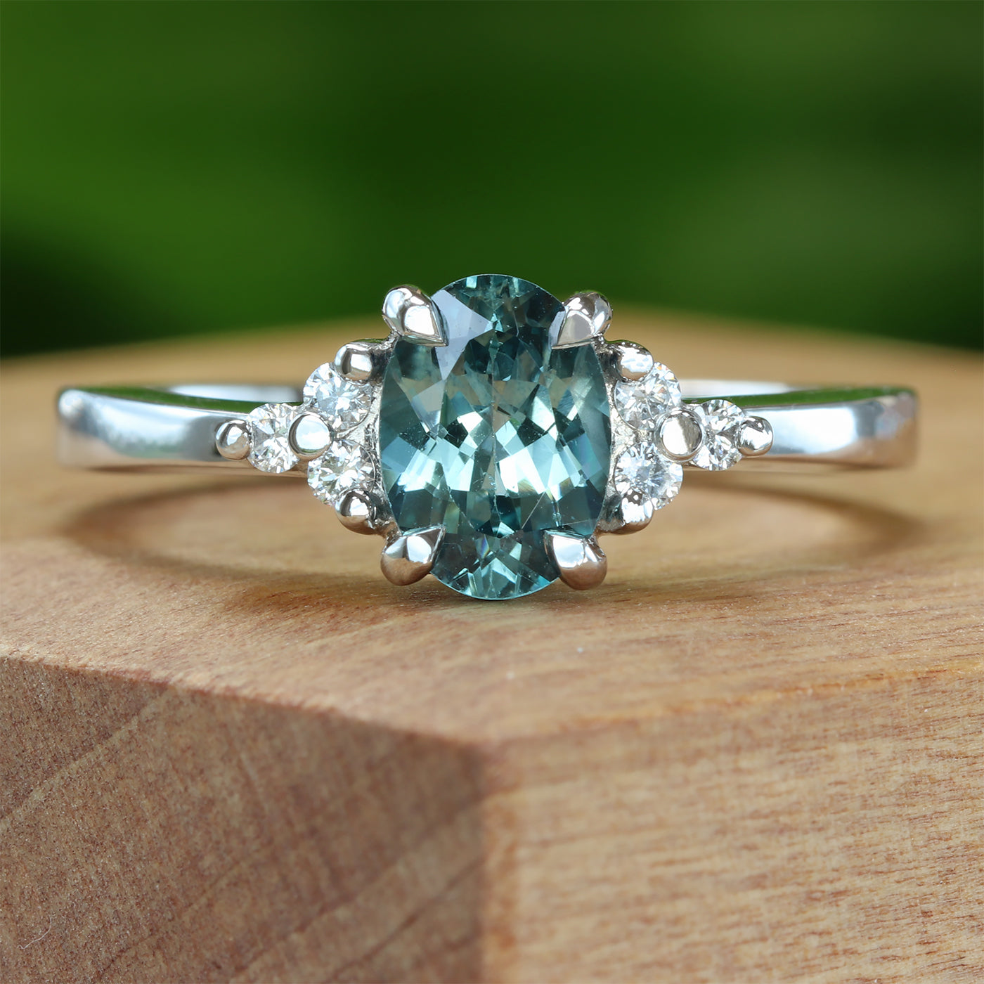 Teal Sapphire & Diamond Cluster Platinum Engagement Ring (Size L, Resize J – N)