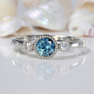 Kerenza Handmade Platinum Teal Sapphire Trilogy Engagement Ring