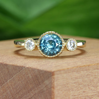 Bespoke Kerensa 18ct Gold Teal Sapphire & Diamond Trilogy Engagement Ring