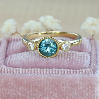 Bespoke Kerensa 18ct Gold Teal Sapphire & Diamond Trilogy Engagement Ring