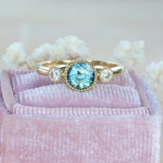 Bespoke Kerensa 18ct Gold Teal Sapphire & Diamond Trilogy Engagement Ring