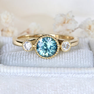 Bespoke Kerensa 18ct Gold Teal Sapphire & Diamond Trilogy Engagement Ring