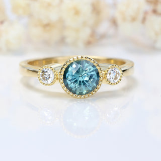 Bespoke Kerensa 18ct Gold Teal Sapphire & Diamond Trilogy Engagement Ring