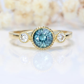 Bespoke Kerensa 18ct Gold Teal Sapphire & Diamond Trilogy Engagement Ring