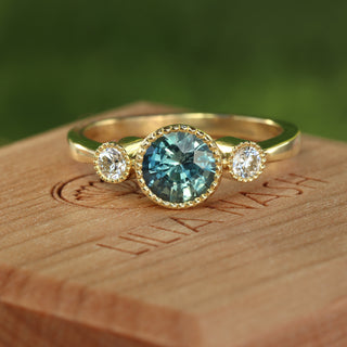 Bespoke Kerensa 18ct Gold Teal Sapphire & Diamond Trilogy Engagement Ring