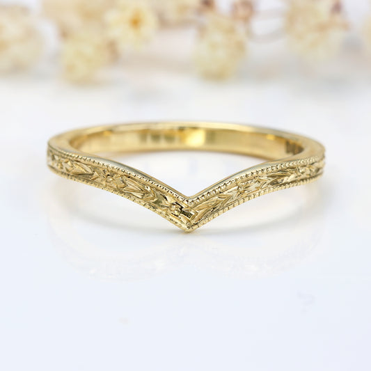 18ct Gold Orange Blossom Engraved Wishbone Wedding Ring – Size M