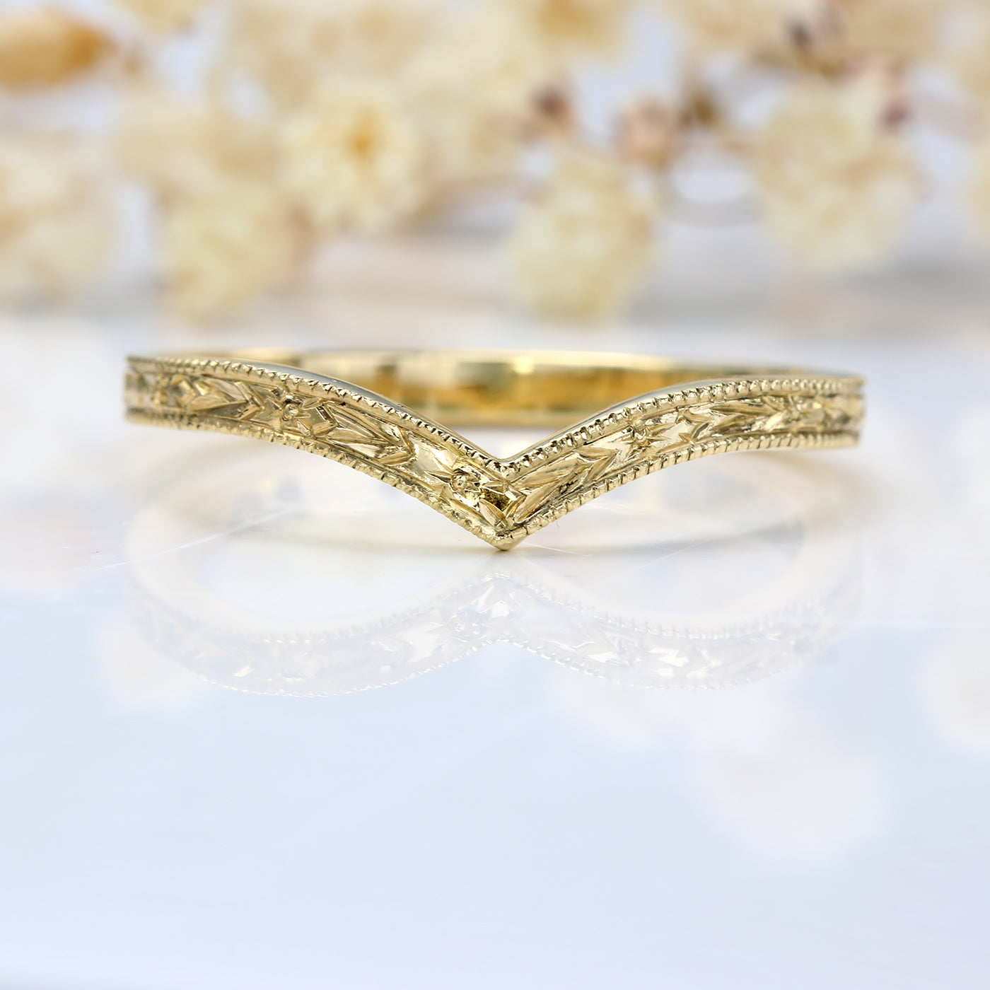 18ct Gold Orange Blossom Engraved Wishbone Wedding Ring – Size M