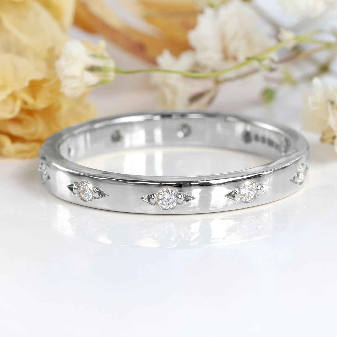 Platinum Engraved Bead-Set Diamond Wedding Ring