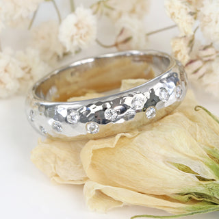 Chunky Hammered Diamond Wedding or Eternity Ring in Platinum - Size M 1/2