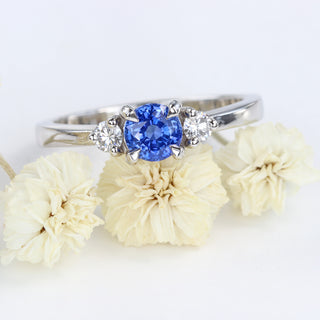 Custom Ceylon Sapphire and Diamond Trilogy Platinum Engagement Ring