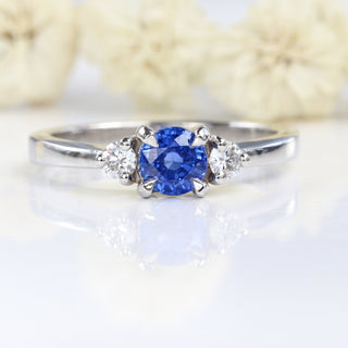 Custom Ceylon Sapphire and Diamond Trilogy Platinum Engagement Ring