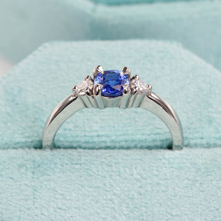 Custom Ceylon Sapphire and Diamond Trilogy Platinum Engagement Ring