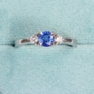 Custom Ceylon Sapphire and Diamond Trilogy Platinum Engagement Ring