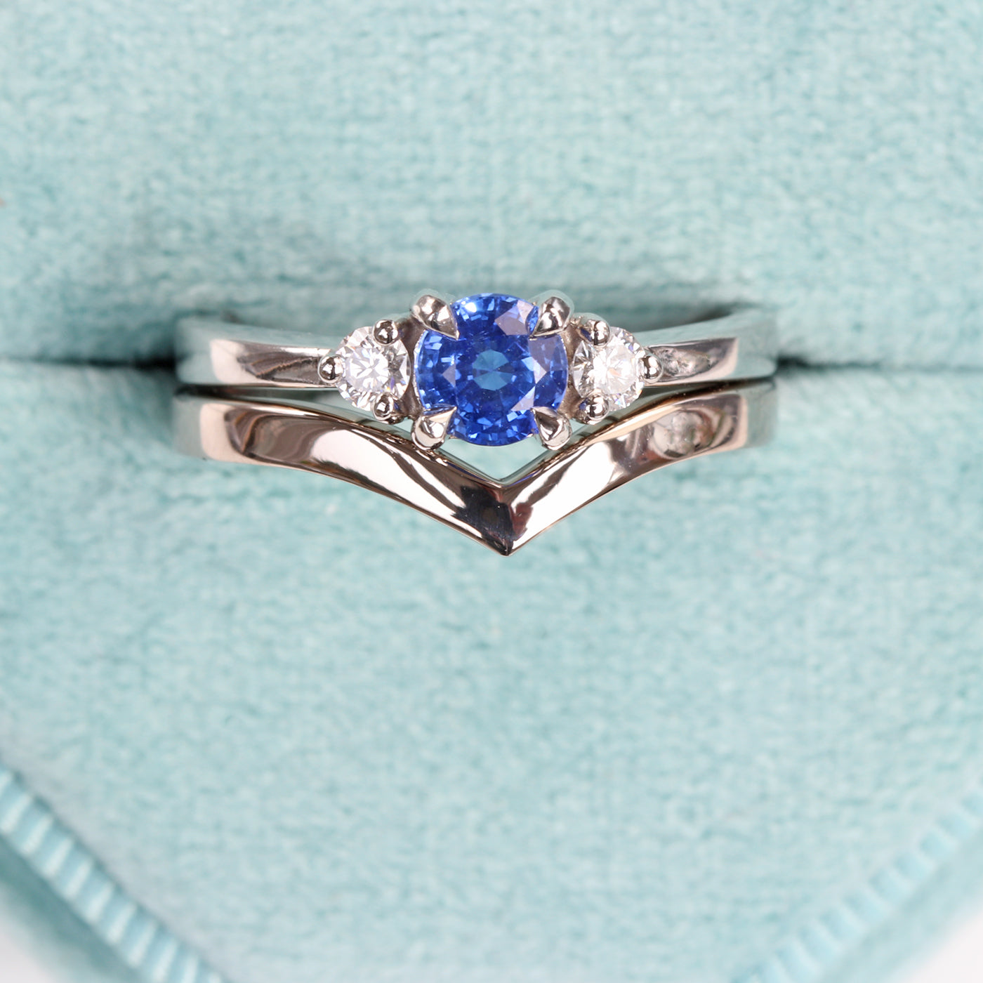 Ceylon Sapphire and Diamond Trilogy Platinum Engagement Ring (Size J, Resize G - M )