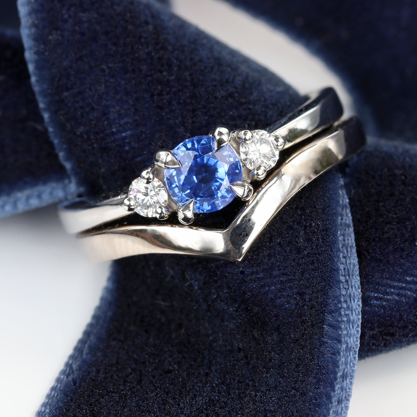 Ceylon Sapphire and Diamond Trilogy Platinum Engagement Ring (Size