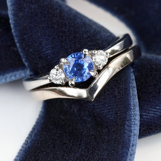 Custom Ceylon Sapphire and Diamond Trilogy Platinum Engagement Ring