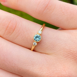 Custom 18ct Gold Petite Teal Sapphire & Diamond Trilogy Engagement Ring