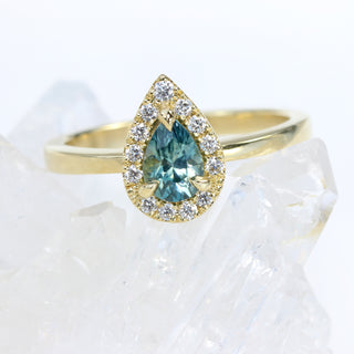 18ct Gold Teal Sapphire & Diamond Halo Ring
