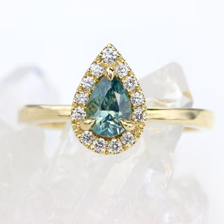 18ct Gold Teal Sapphire & Diamond Halo Ring