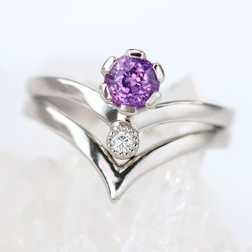 Platinum Purple Sapphire Wishbone Engagement Ring & Wedding Ring Set