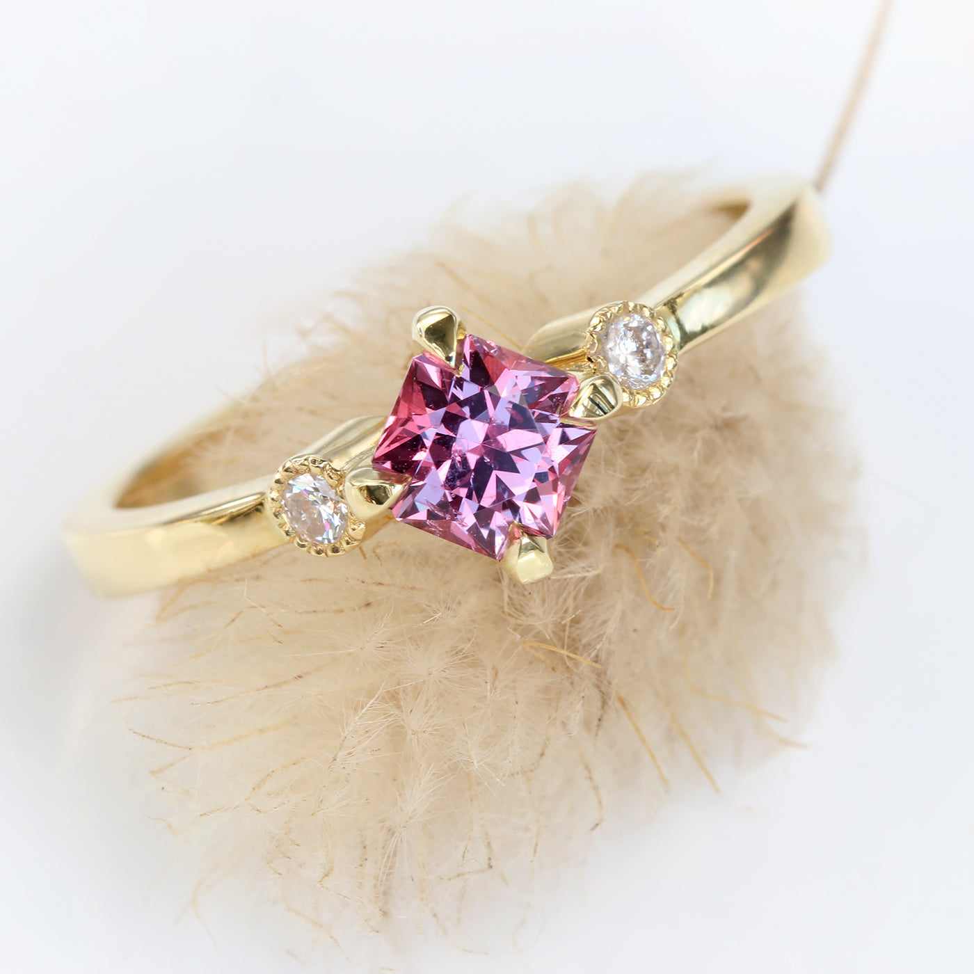 18ct Gold Octagon Cut Pink Sapphire & Diamond Trilogy Ring