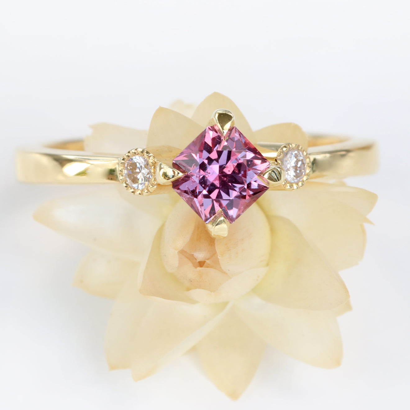 18ct Gold Octagon Cut Pink Sapphire & Diamond Trilogy Ring
