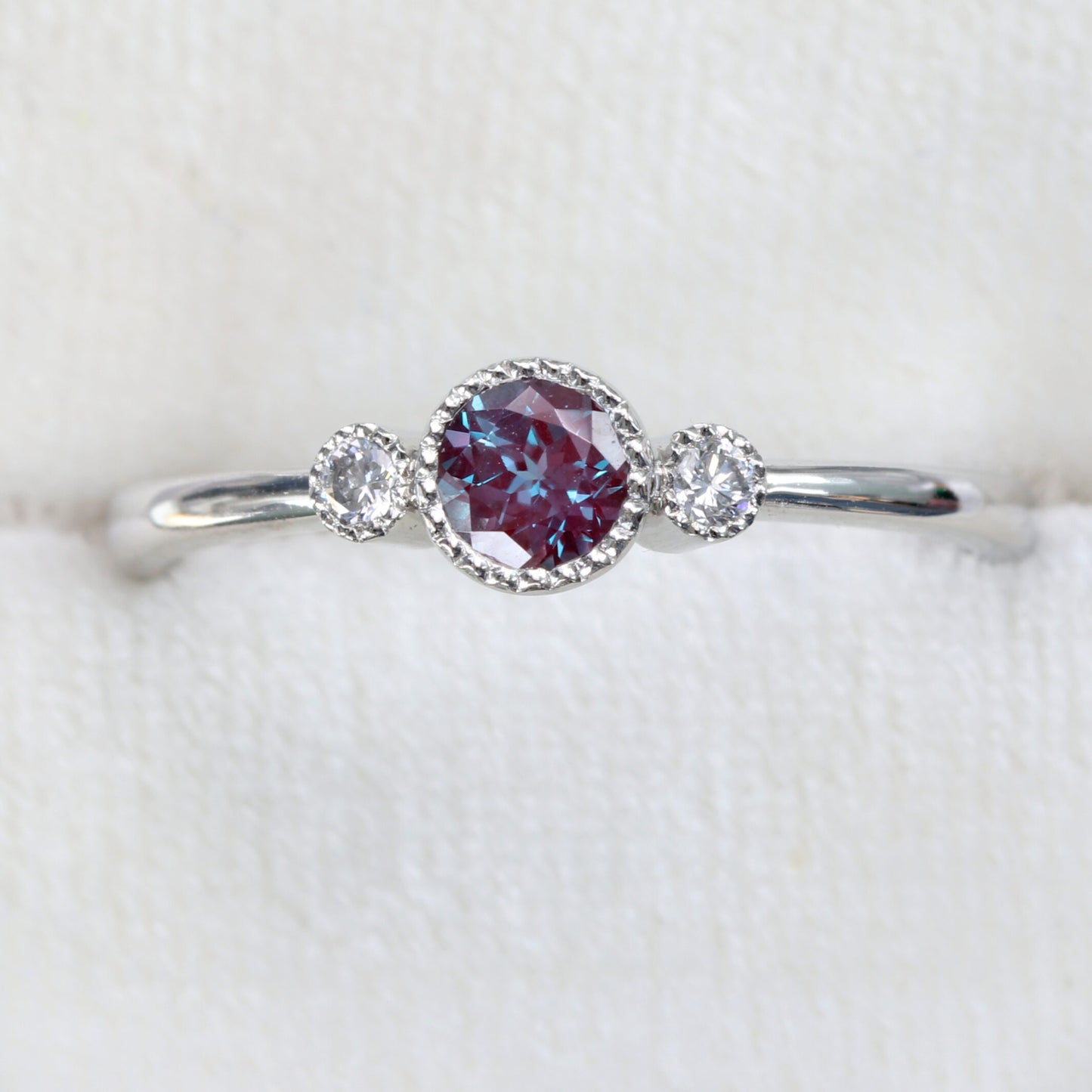 Platinum Lab Alexandrite and Diamond Petite Trilogy Engagement Ring