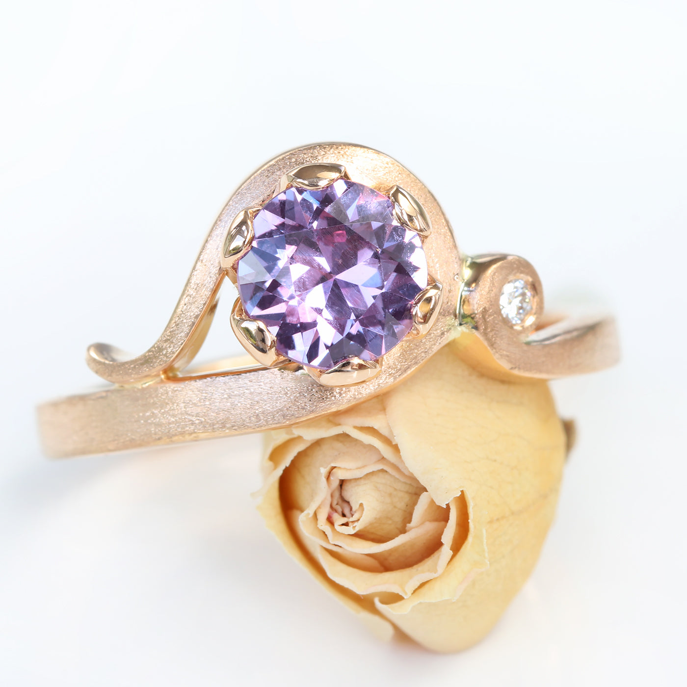 Custom Art Nouveau Inspired Purple Sapphire and Diamond 18k Rose Gold Ring