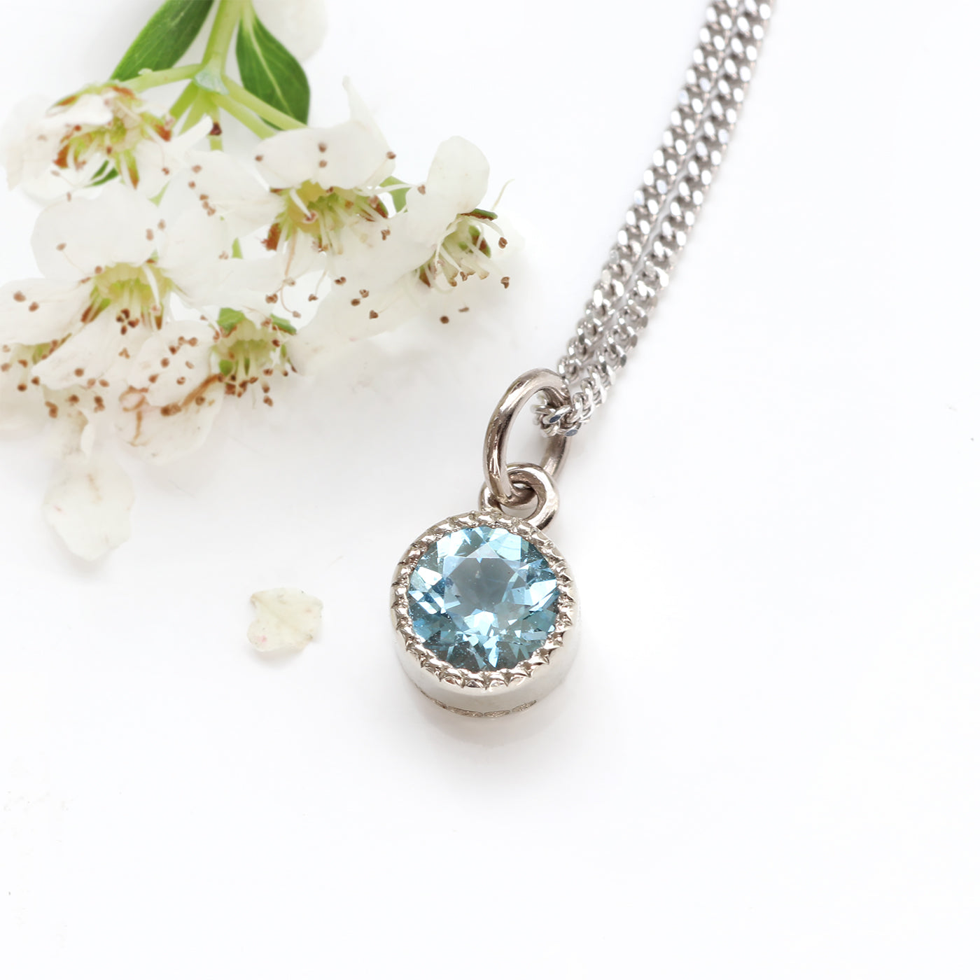 18ct White Gold Petite Milgrain Aquamarine Birthstone Necklace (March Gifts)