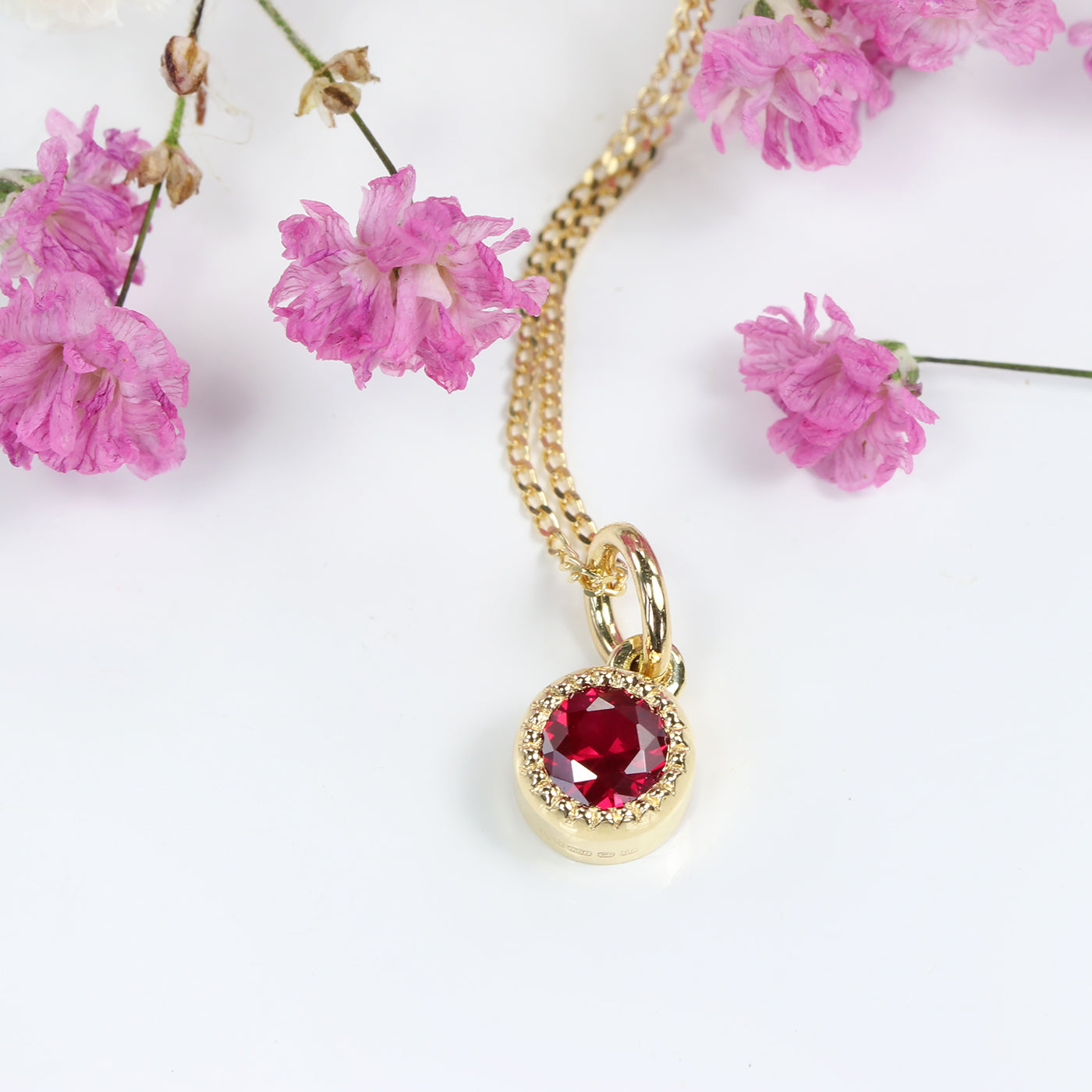 18ct Gold Petite Milgrain Ruby July Birthstone Necklace
