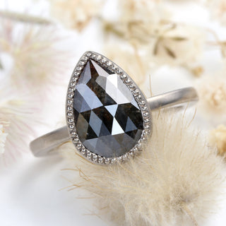 Lowenna - 18ct White Gold Rustic Pear Cut Black Diamond Solitaire Engagement Ring (Size K, Resize I - M)