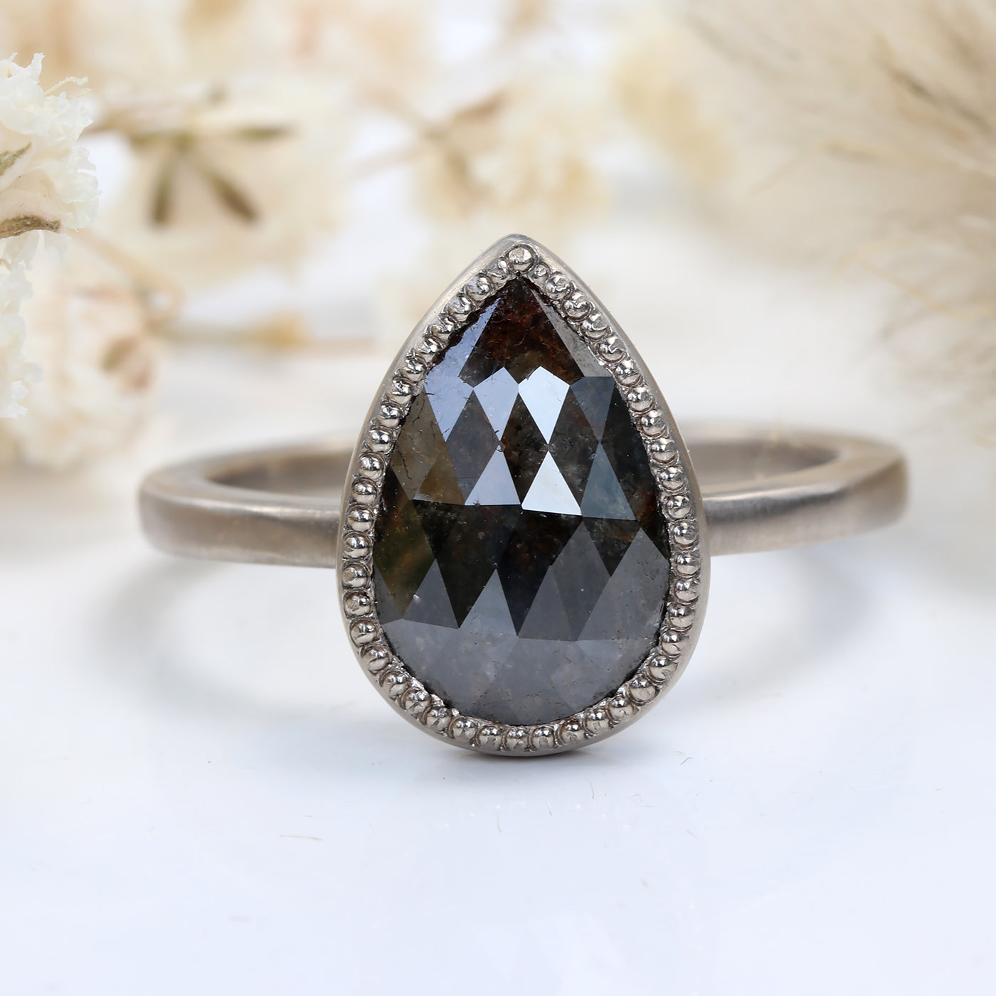 18ct White Gold Rustic Pear Cut Black Diamond Solitaire Engagement Ring (Size K, Resize I - M)