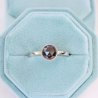 Platinum black diamond engagement ring pale blue ring box.
