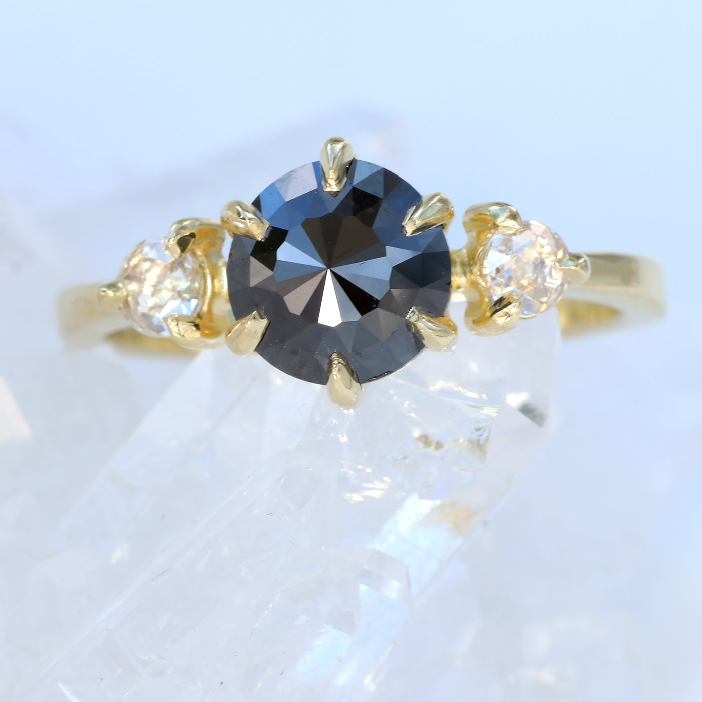 18ct Gold Rose Cut Black Diamond Claw Set Trilogy Ring