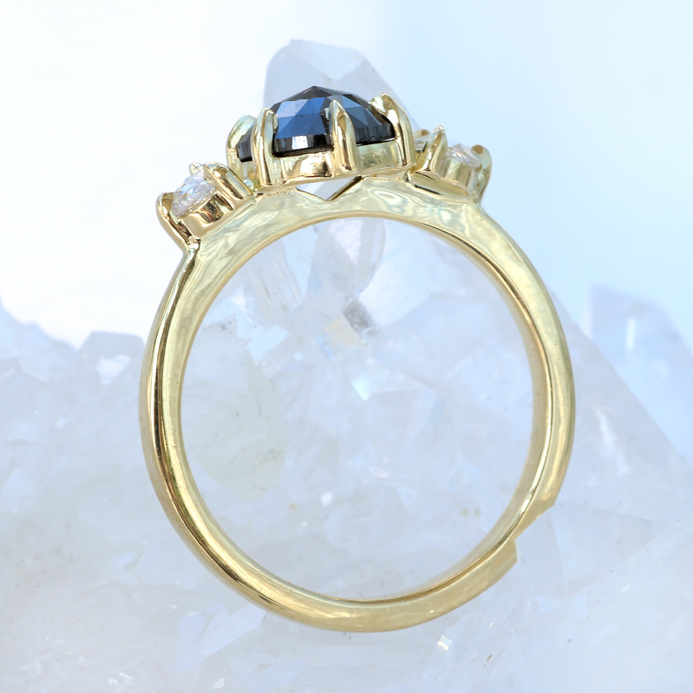 18ct Gold Rose Cut Black Diamond Claw Set Trilogy Ring