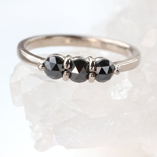 Custom 18ct White Gold Rose Cut Black Diamond Trilogy Ring