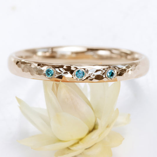 18ct Rose Gold Hammered Blue Diamond Wedding Ring