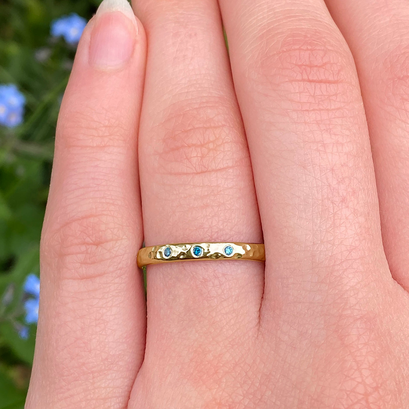 18ct Gold Hammered Blue Diamond Wedding Ring