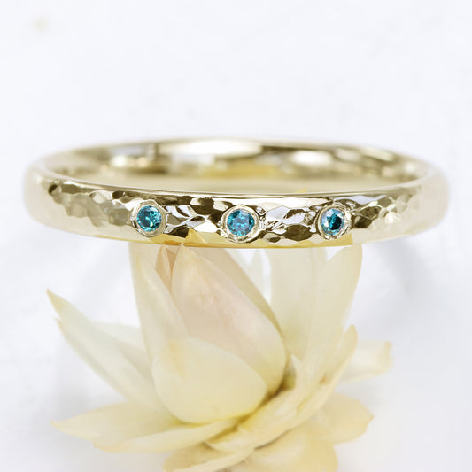 18ct Gold Hammered Blue Diamond Wedding Ring