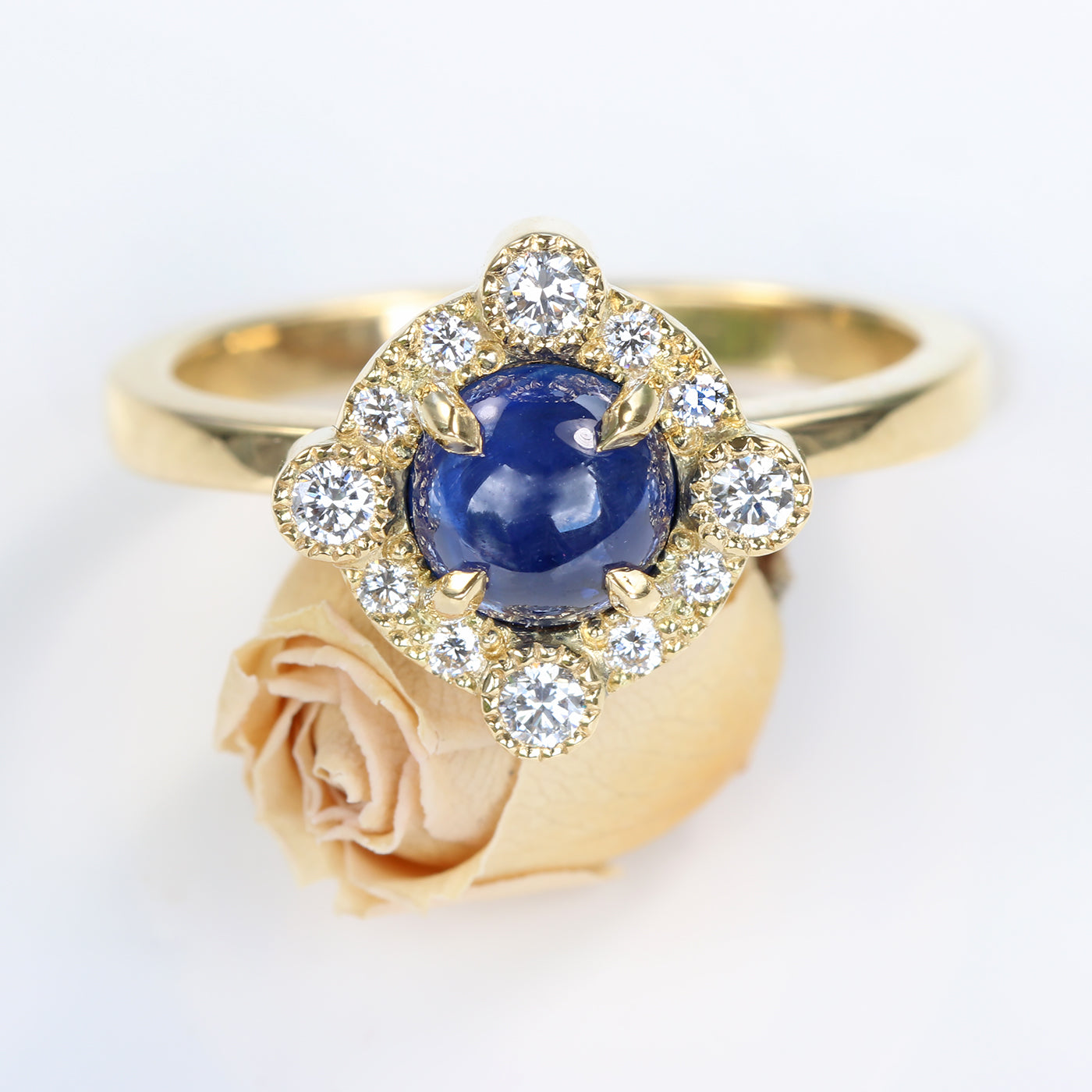 18ct Gold Sapphire Cabochon Diamond Halo Ring (Size K 1/2, Resize H - N 1/2)