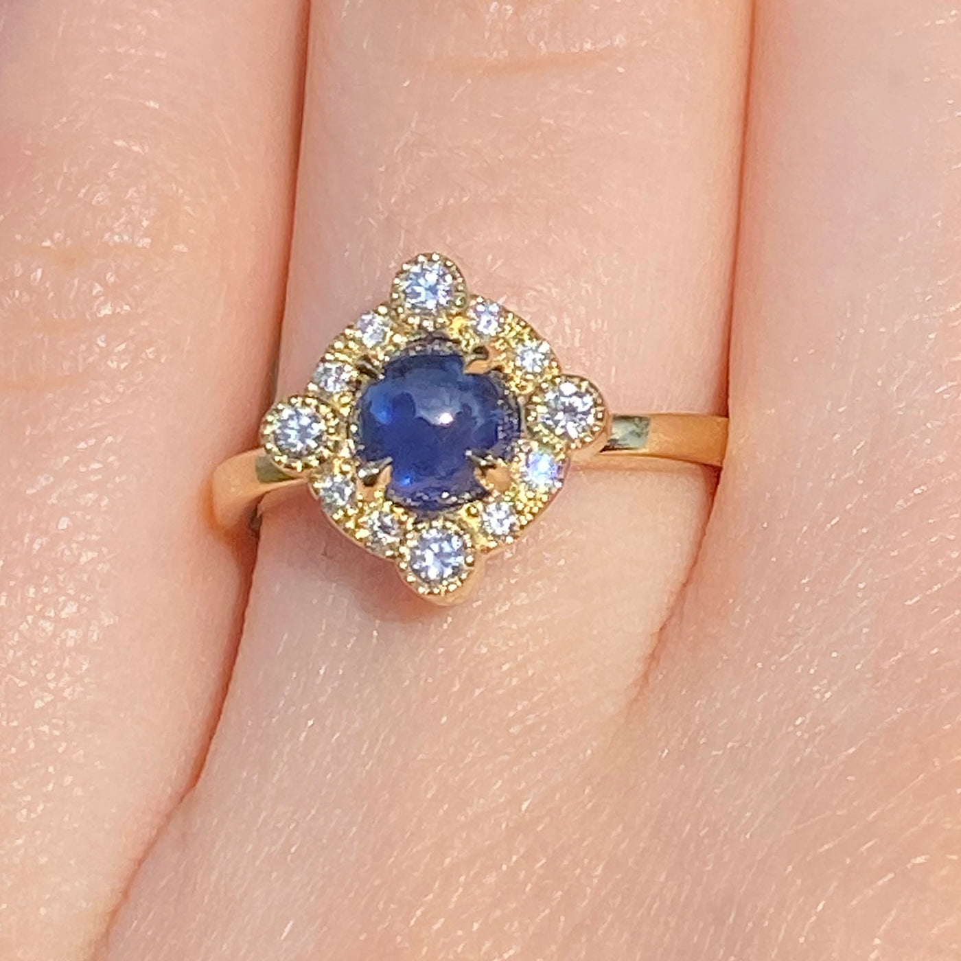 18ct Gold Sapphire Cabochon Diamond Halo Ring (Size K 1/2, Resize H - N 1/2)