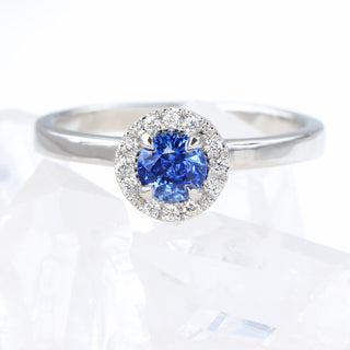 Custom Platinum Ceylon Sapphire & Diamond Halo Engagement Ring