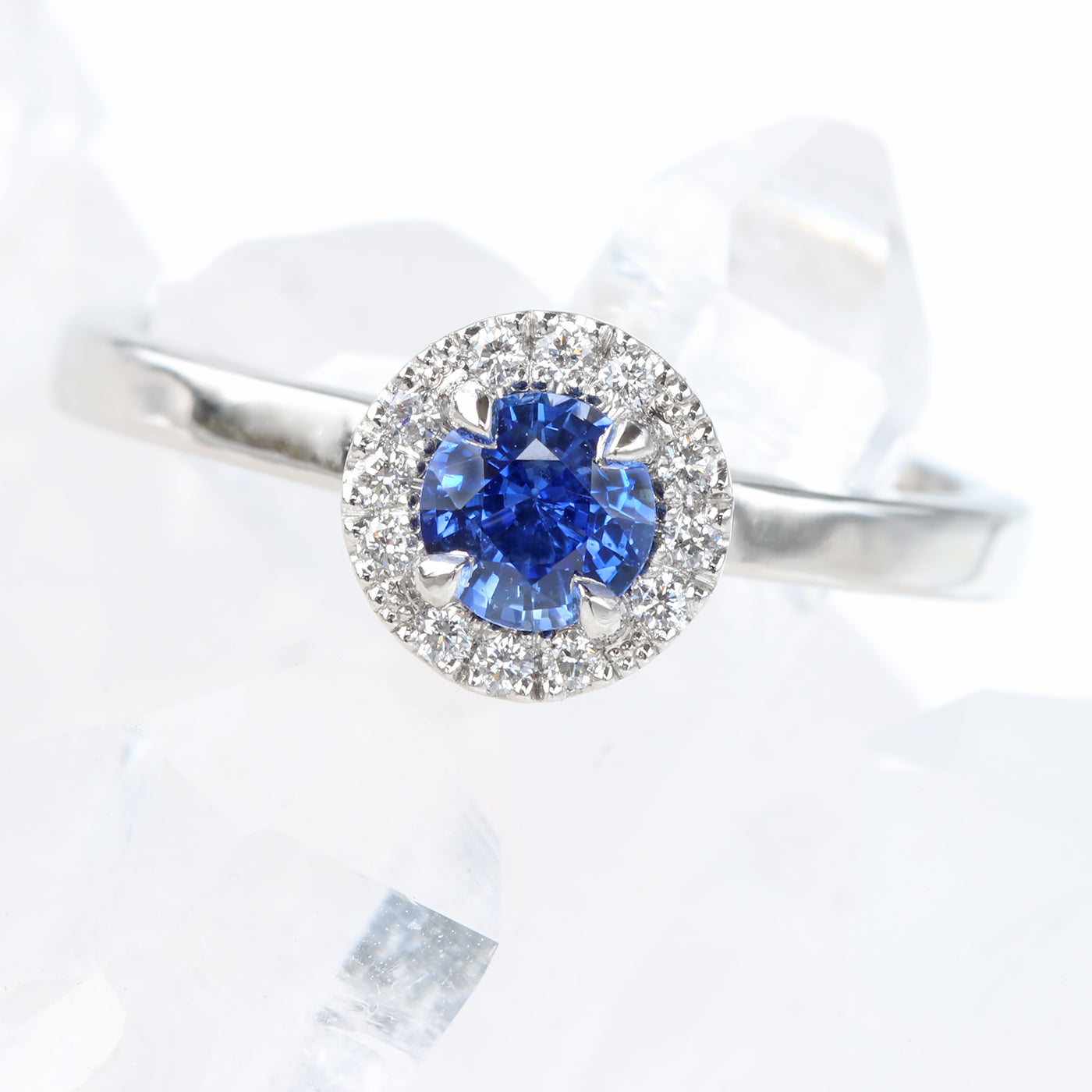 Platinum Ceylon Sapphire & Diamond Halo Engagement Ring