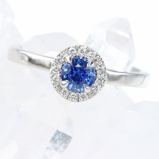 Custom Platinum Ceylon Sapphire & Diamond Halo Engagement Ring