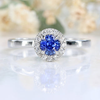 Custom Platinum Ceylon Sapphire & Diamond Halo Engagement Ring